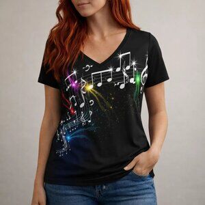 Music Note Graphic Top Size XL Black Short Sleeve Performance Tee V Neck